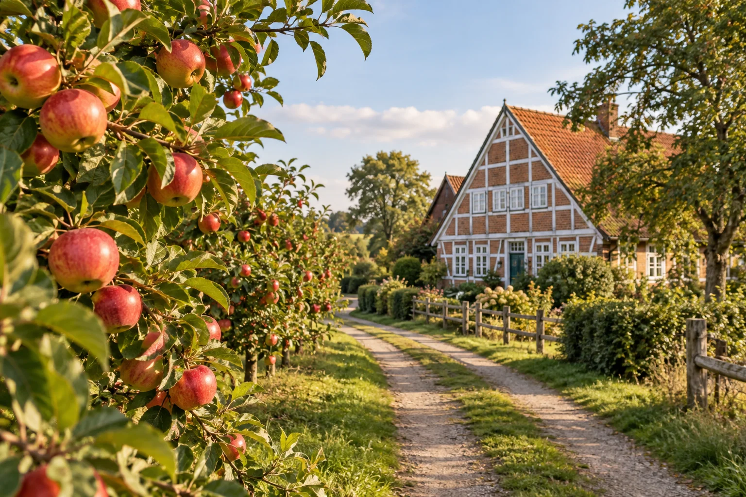 Illustration von Obstbäumen und Fachwerk im Alten Land