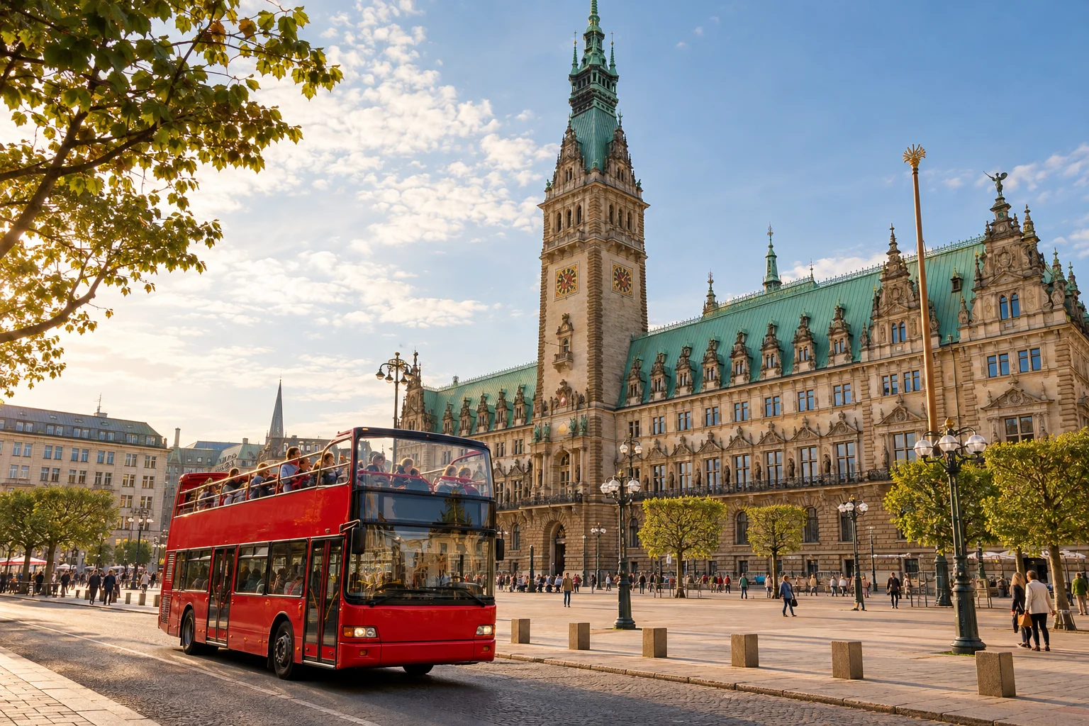 Illustration eines roten Stadtrundfahrtbusses am Hamburger Rathaus